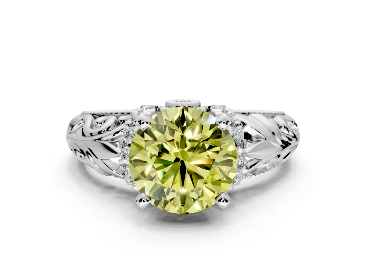 Solitaire Engagement Ring Setting for Fancy Yellow Round Cut Center with Filigree Accent Basket and Prong Head in Sterling Silver