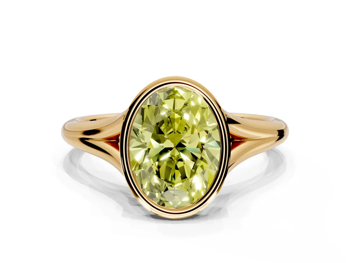 Solitaire Engagement Ring Setting for Fancy Yellow Oval Center with V Split Shank and Bezel Head in Yellow Gold