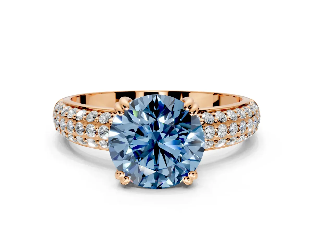 Solitaire Engagement Ring Setting for Fancy Blue Round Cut Center with Multi-Row Pave Accents and Basket Head in Rose Gold