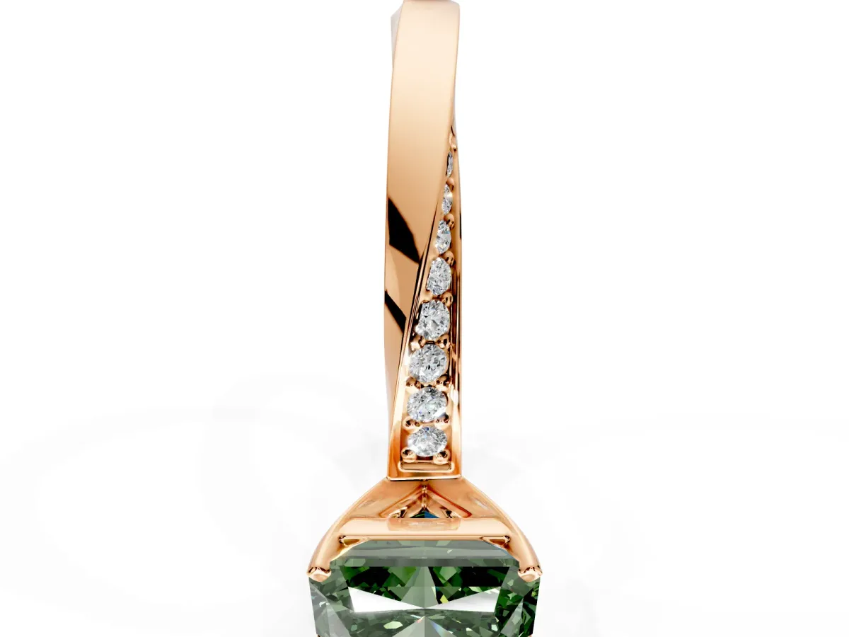 Side Accent Engagement Ring Setting for Fancy Green Radiant Cut Center with Accent Shoulders and Prong Head in Rose Gold