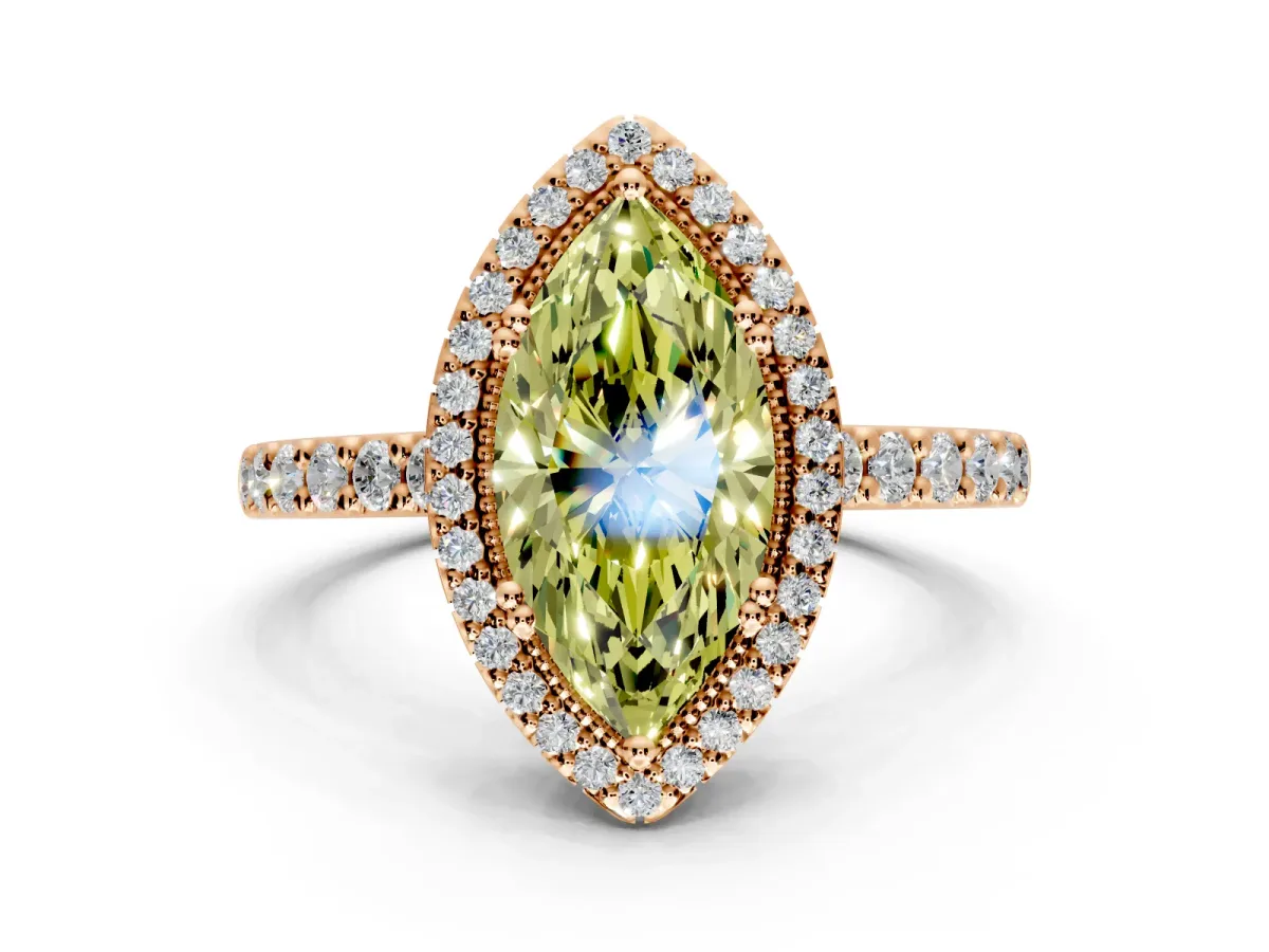 Halo Engagement Ring Setting for Fancy Yellow Marquise Center with Inner Milgrain Border and Prong Head in Rose Gold