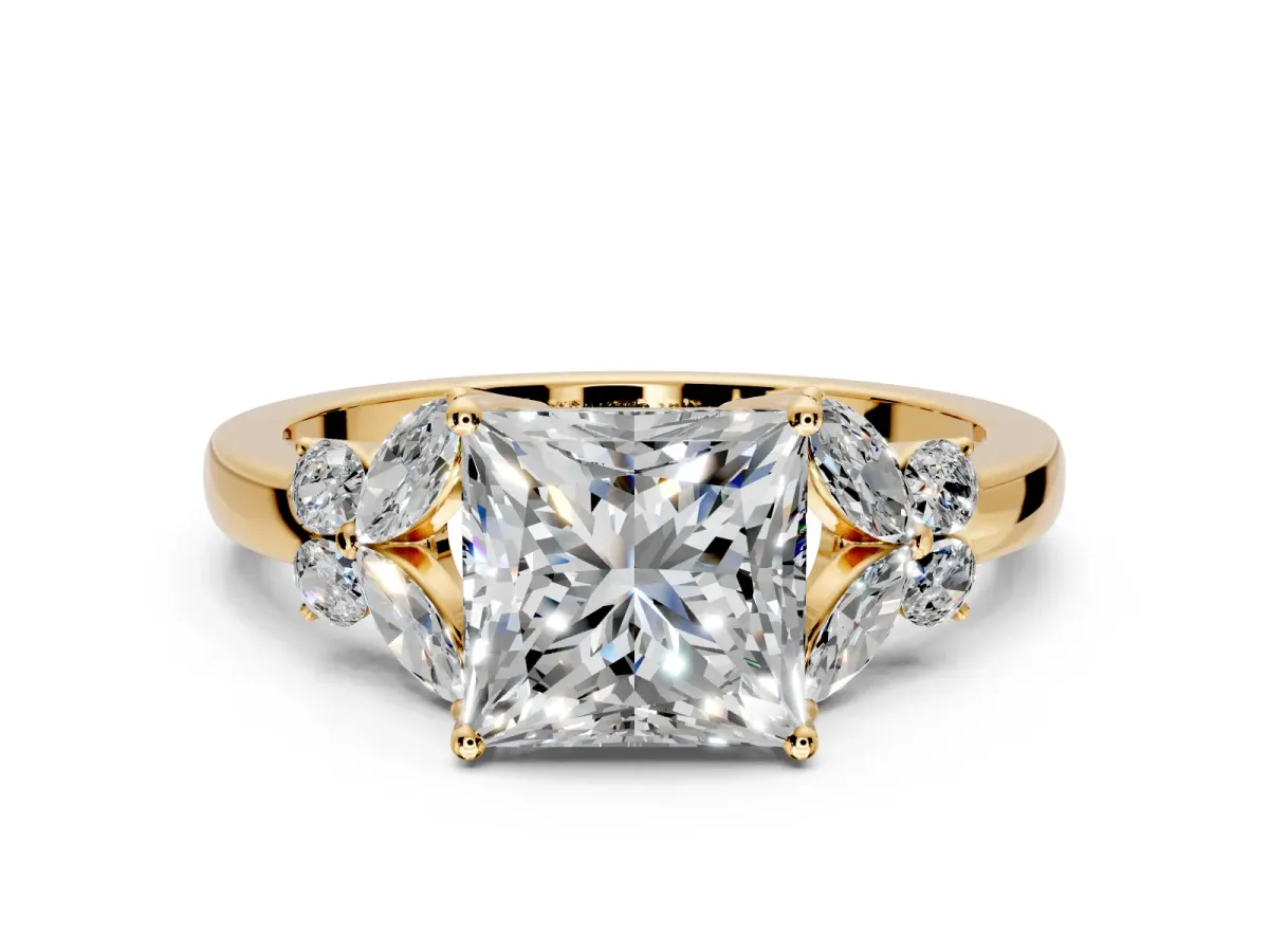 Solitaire Engagement Ring Setting for Princess Cut Center with Marquise Flower Shoulders and Prong Head in Yellow Gold