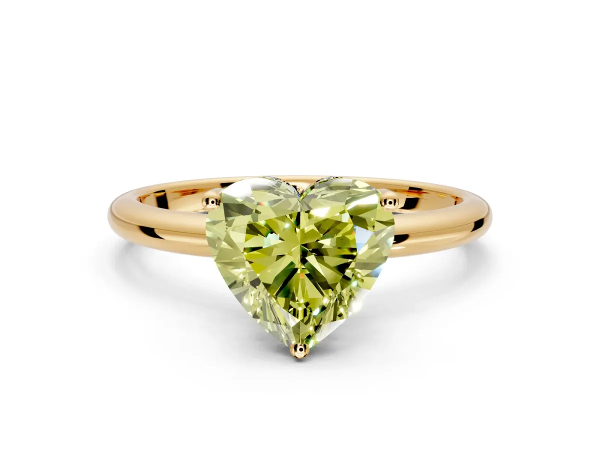 Hidden Halo Engagement Ring Setting for Fancy Yellow Heart-Shaped Center with Thin Round-Wire Band and Prong Head in Yellow Gold