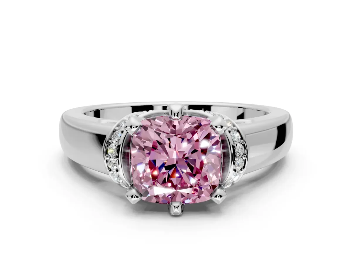 Solitaire Engagement Ring Setting for Fancy Pink Cushion Cut Center with Wide Band, Pave Collar and Prong Head in Sterling Silver