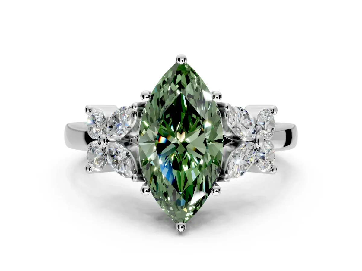 Floral Engagement Ring Setting for Fancy Green Marquise Center with Marquise Cluster Shoulders and Prong Head in Platinum