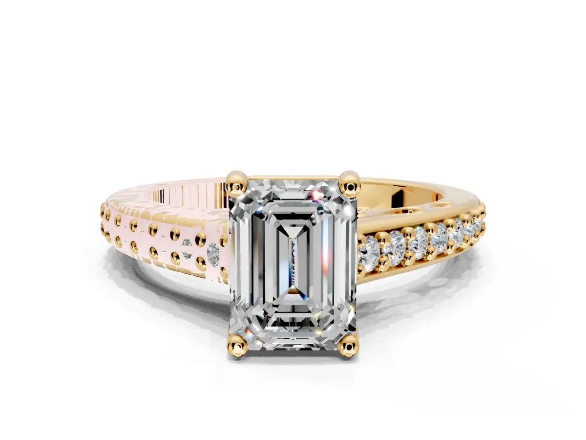 Solitaire Engagement Ring Setting for Emerald Cut Center with Pave Cathedral Band and Prong Head in Yellow Gold