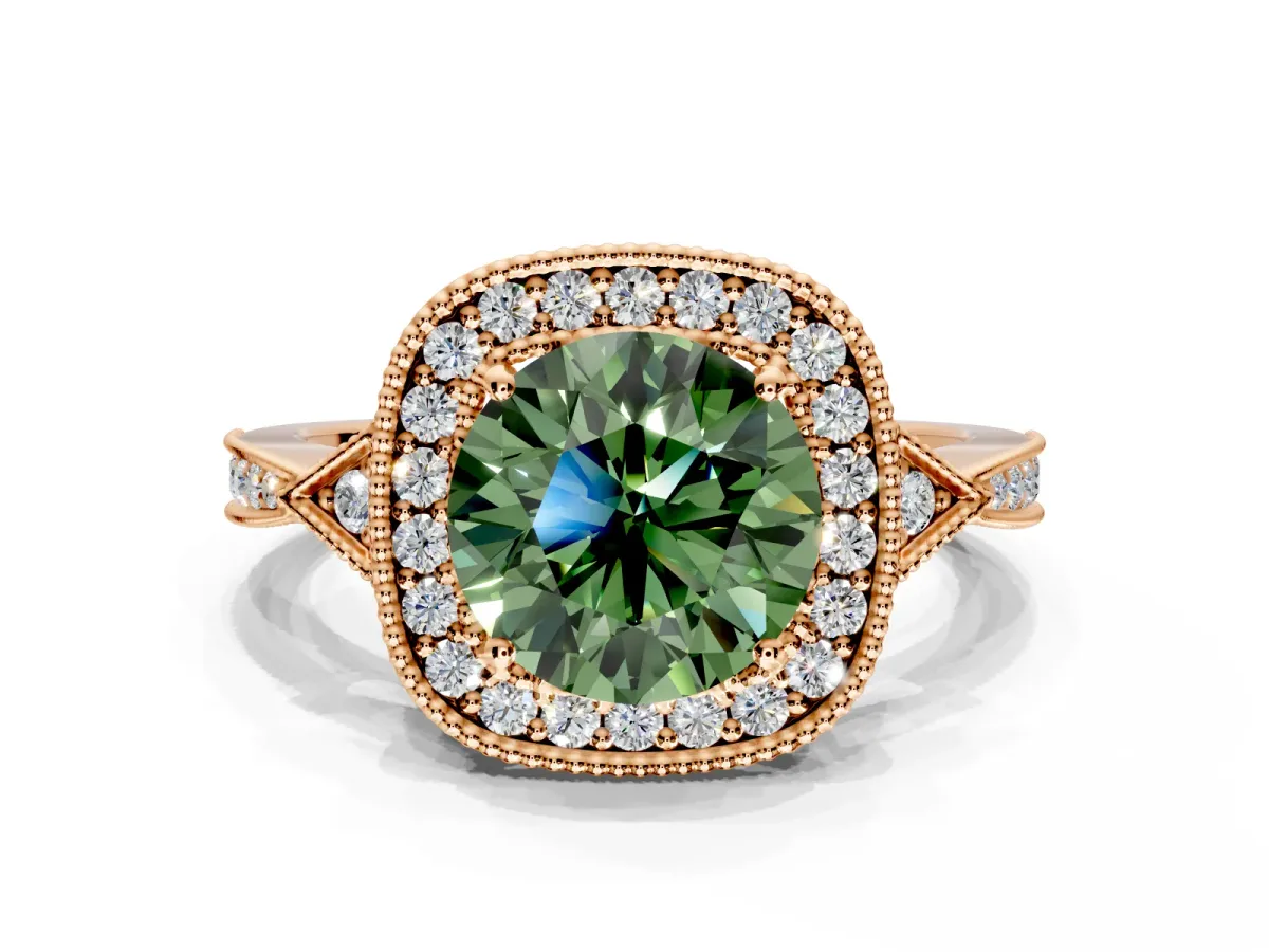 Halo Engagement Ring Setting for Fancy Green Round Cut Center with Milgrain Rim, Pave Band and Prong Head in Rose Gold