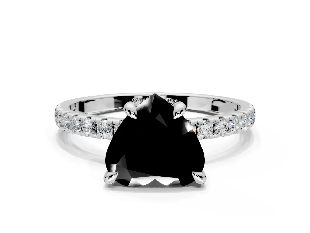 Solitaire Engagement Ring Setting for Fancy Black Heart-Shaped Center with Fine Pave Narrow Band and Prong Head in Platinum