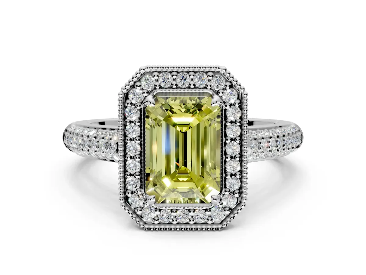 Milgrain Halo Engagement Ring Setting for Fancy Yellow Emerald Cut Center with Three-Sided Pave Band and Prong Head in Platinum