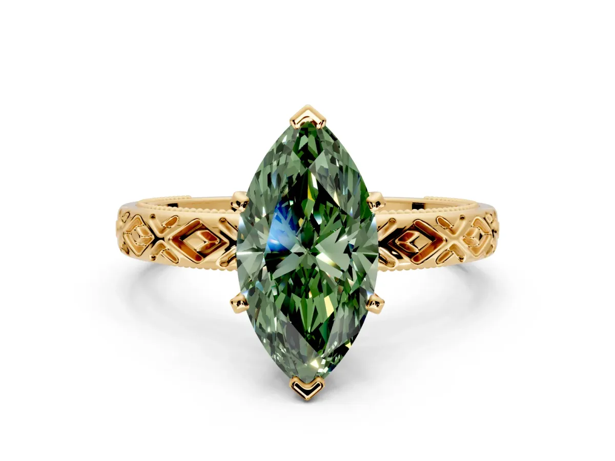 Solitaire Engagement Ring Setting for Fancy Green Marquise Center with Milgrain X Pattern Band and Prong Head in Yellow Gold