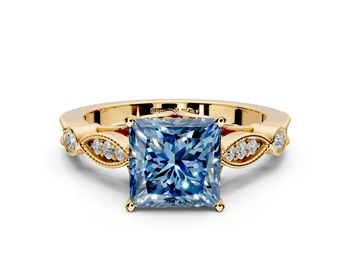Solitaire Engagement Ring Setting for Fancy Blue Princess Cut Center with Marquise and Bezel Accents and Prong Head in Yellow Gold
