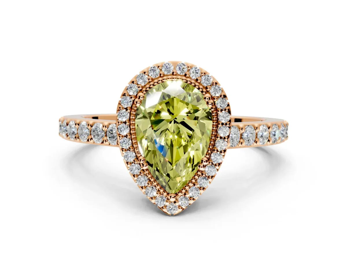Halo Engagement Ring Setting for Fancy Yellow Pear-Shaped Center with Inner Milgrain Border and Prong Head in Rose Gold