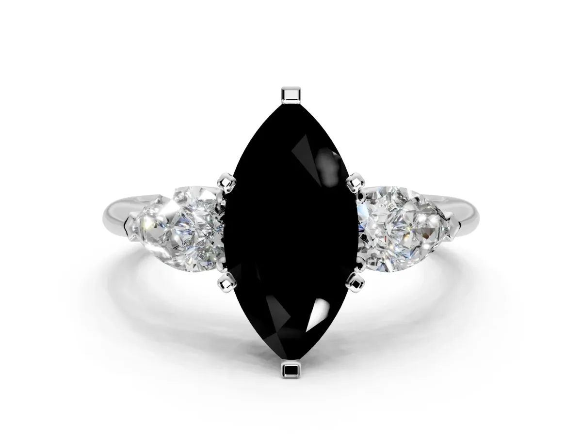3 Stone Engagement Ring Setting for Fancy Black Marquise Center with Large Pear-Shaped Accents and Prong Head in White Gold