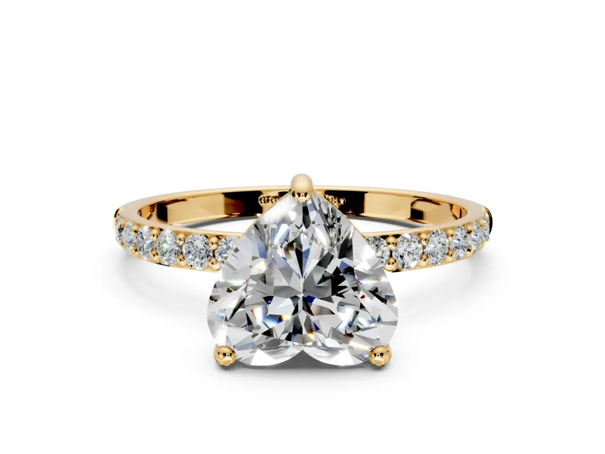 Solitaire Engagement Ring Setting for Heart-Shaped Center with Pave Accents and Prong Head in Yellow Gold
