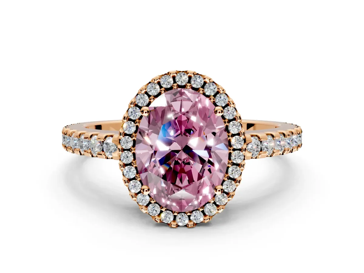Accent Halo Engagement Ring Setting for Fancy Pink Oval Center with Full-Length Pave Band and Prong Head in Rose Gold