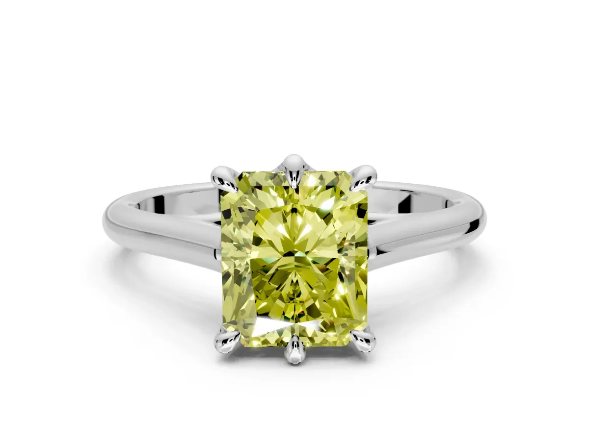 Solitaire Engagement Ring Setting for Fancy Yellow Radiant Cut Center with Cathedral Band and Prong Head in Platinum