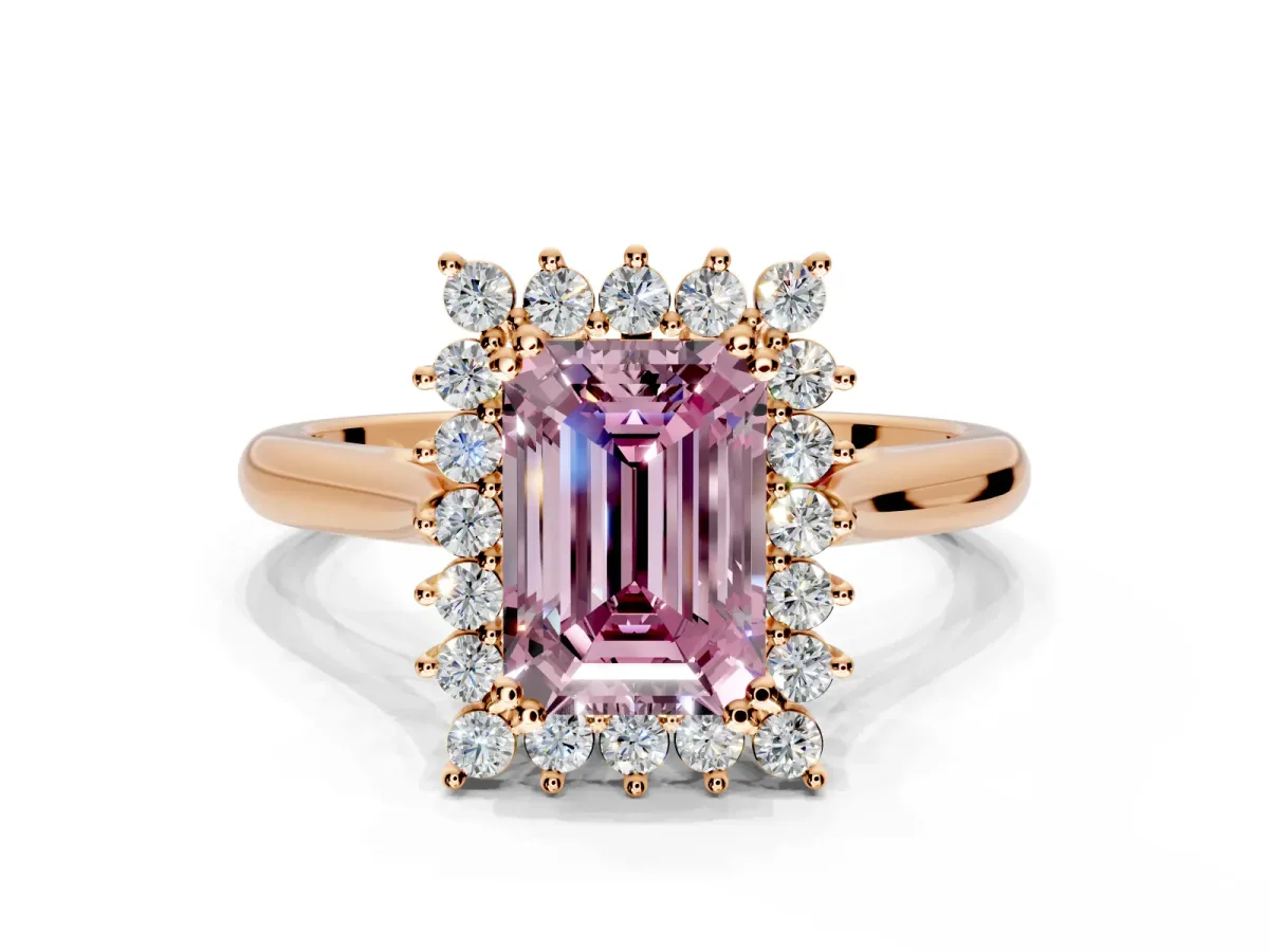 Starburst Halo Engagement Ring Setting for Fancy Pink Emerald Cut Center with Thin Round-Wire Band and Prong Head in Rose Gold