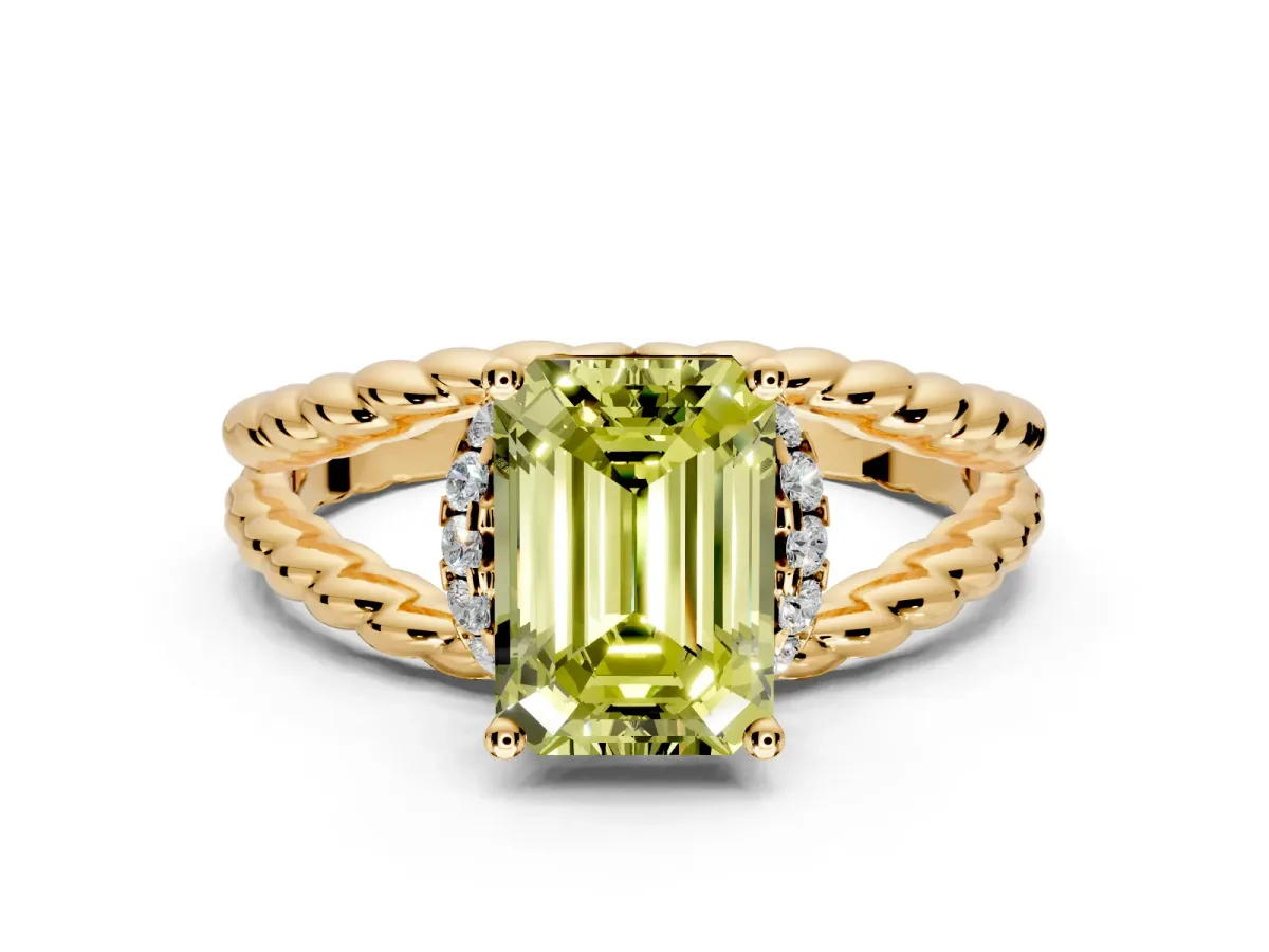 Halo Engagement Ring Setting for Fancy Yellow Emerald Cut Center with Rope Twist Split Shank and Prong Head in Yellow Gold