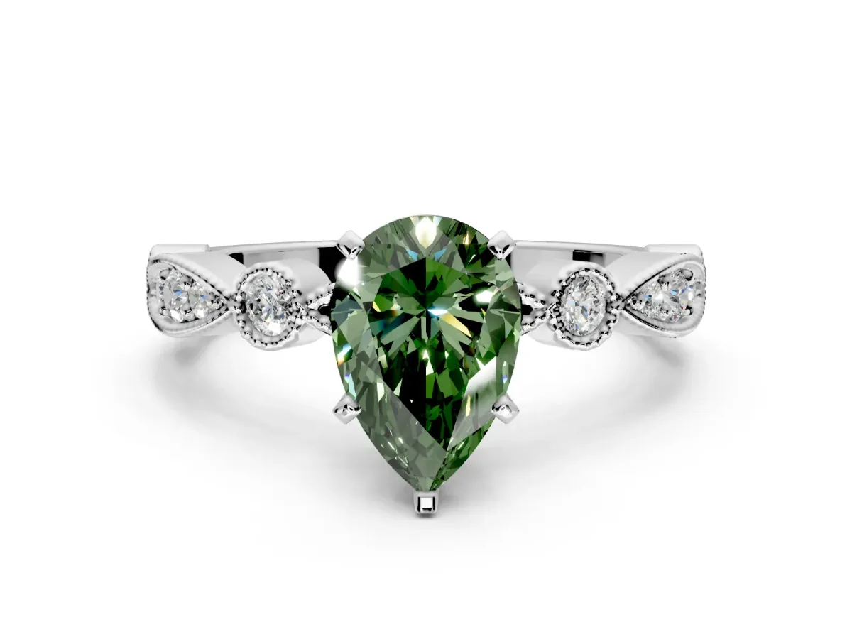 Solitaire Engagement Ring Setting for Fancy Green Pear-Shaped Center with Milgrain Bezel Accents and Prong Head in Platinum