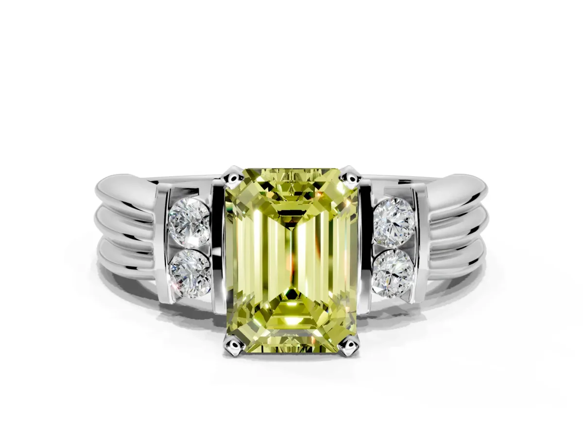 Solitaire Engagement Ring Setting for Fancy Yellow Emerald Cut Center with Grooved Bar Accent Band and Prong Head in Platinum