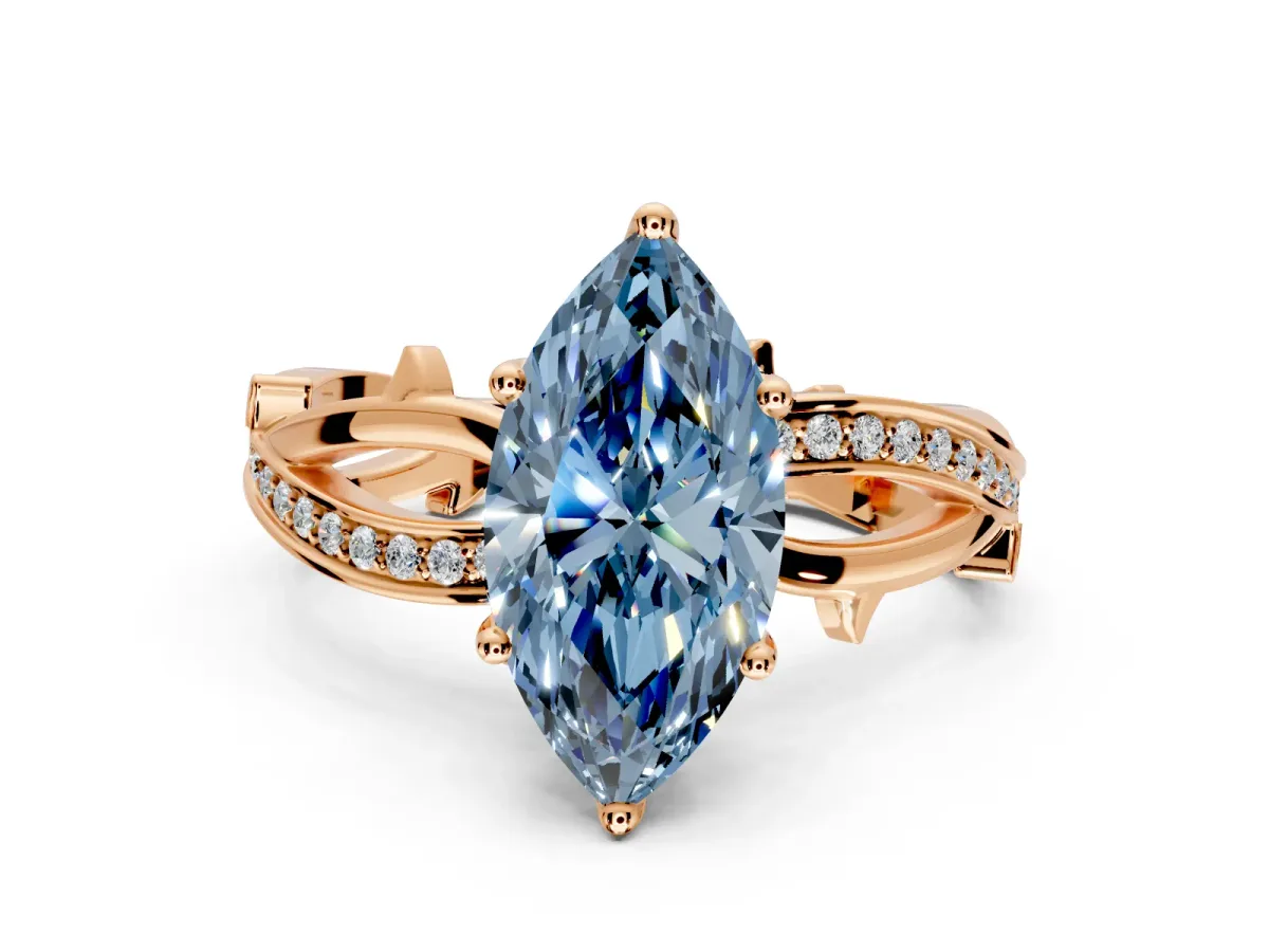 Solitaire Engagement Ring Setting for Fancy Blue Marquise Center with Pave and Plain Crossover Band and Prong Head in Rose Gold