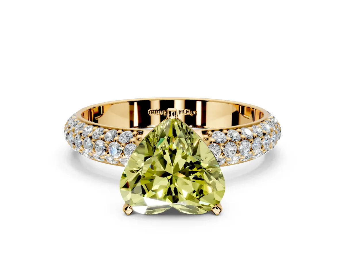Solitaire Engagement Ring Setting for Fancy Yellow Heart-Shaped Center with Domed Multi-Row Pave Band and Prong Head in Yellow Gold