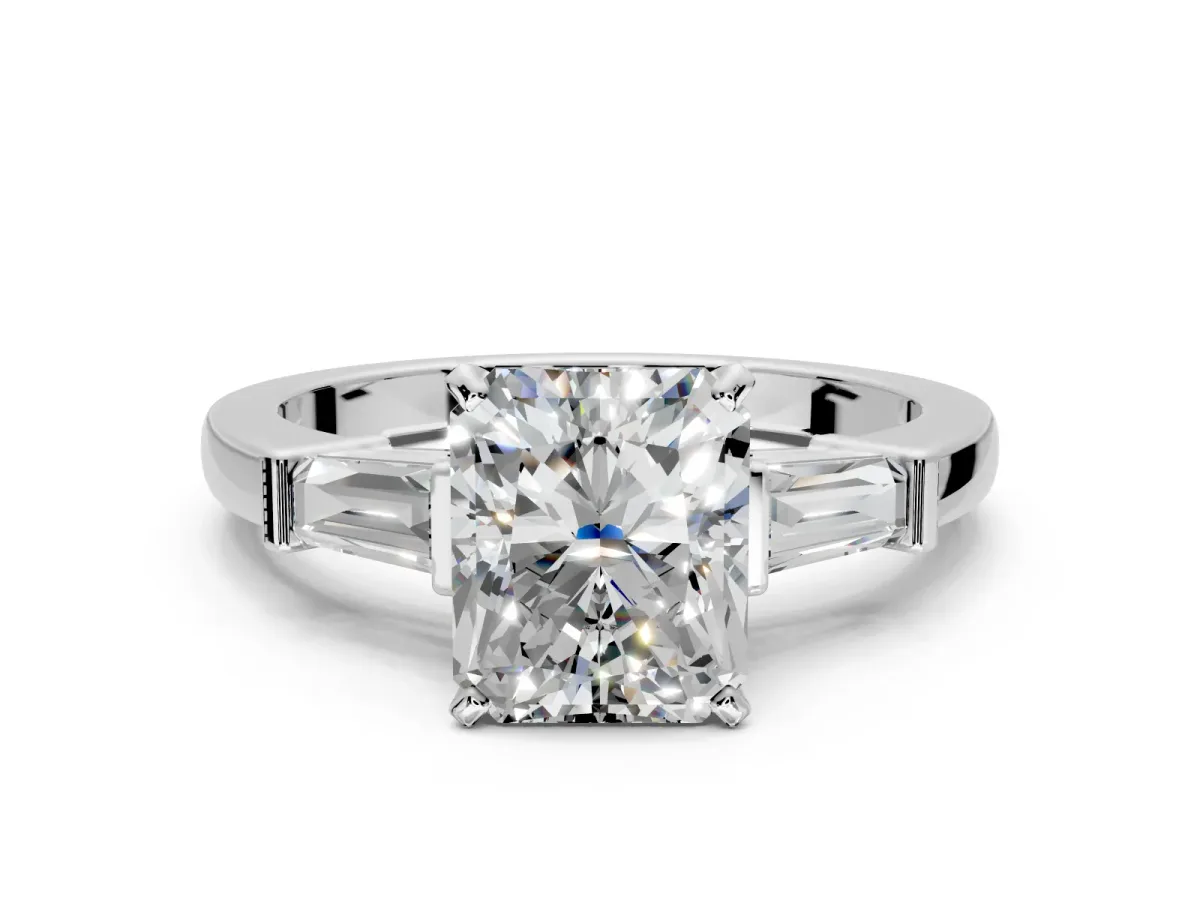 3 Stone Engagement Ring Setting for Radiant Cut Center with Channel Baguette Accents and Prong Head in Platinum