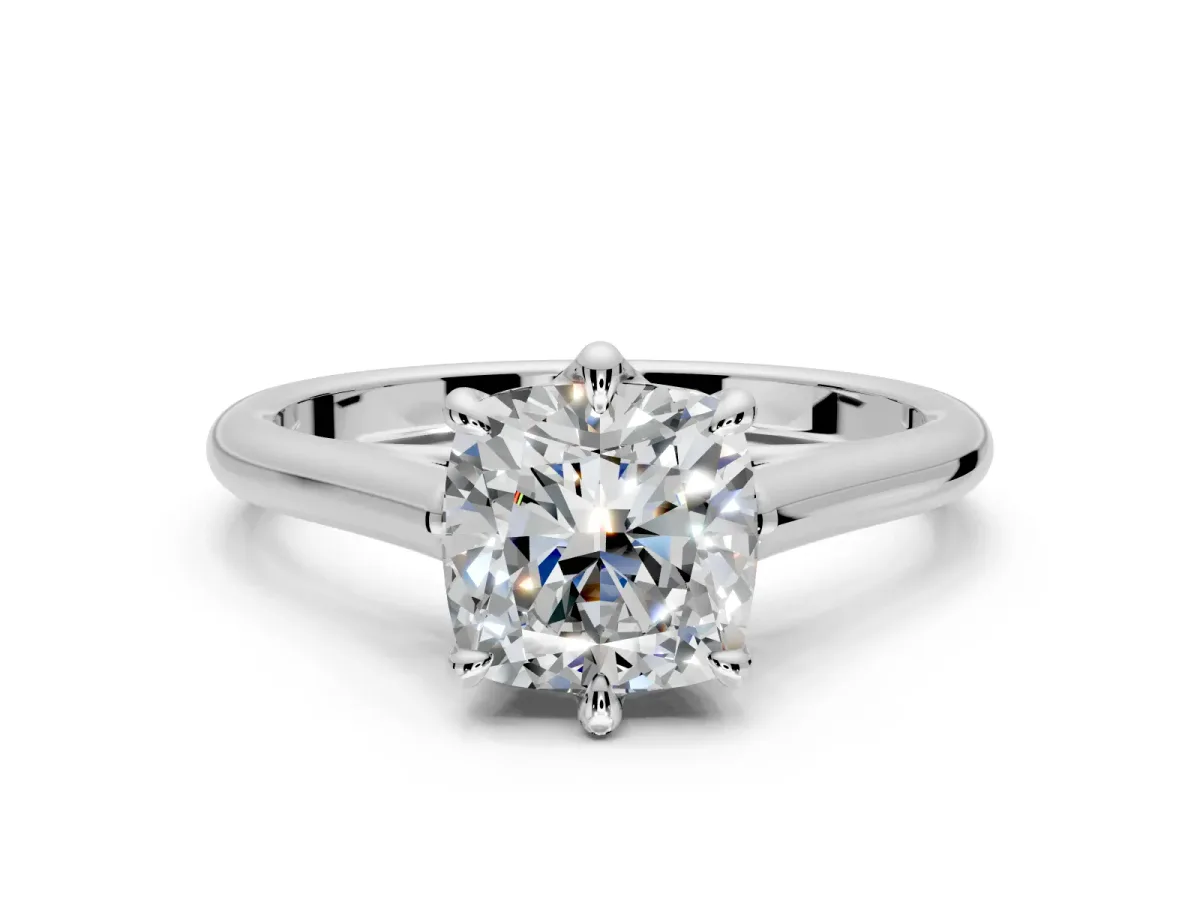 Solitaire Engagement Ring Setting for Cushion Cut Center with Cathedral Band and Prong Head in Platinum