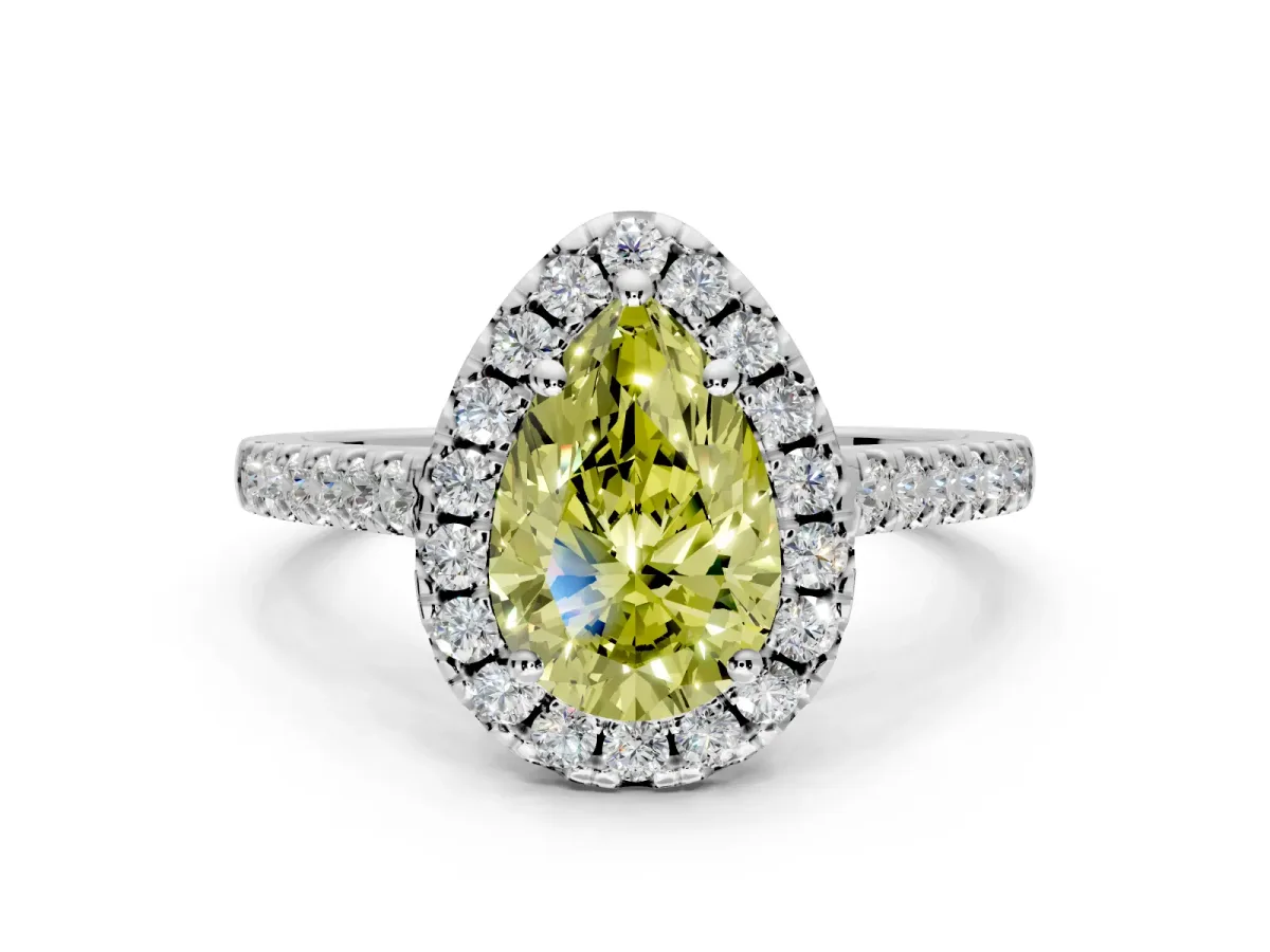 Halo Engagement Ring Setting for Fancy Yellow Pear-Shaped Center with Raised Halo, Pave Band and Prong Head in Platinum