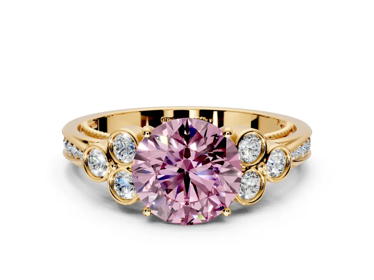 Cluster Engagement Ring Setting for Fancy Pink Round Cut Center with Bezel Accent Clusters and Prong Head in Yellow Gold