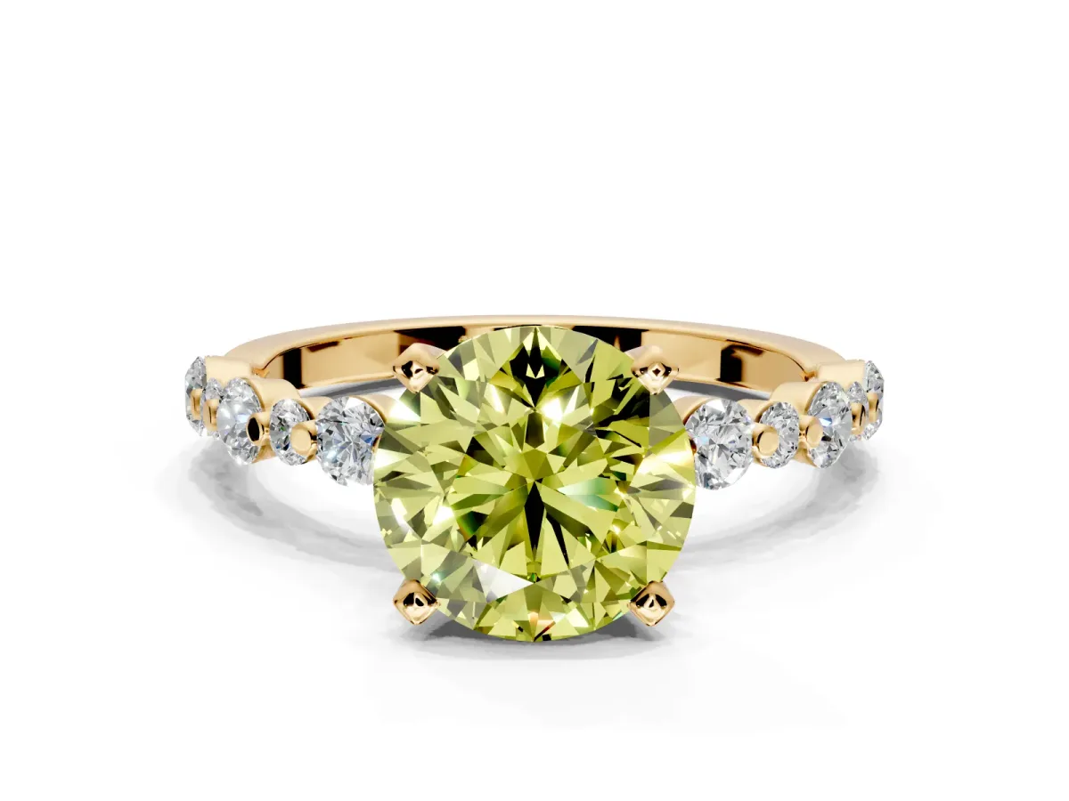 Solitaire Engagement Ring Setting for Fancy Yellow Round Cut Center with Alternating Size Accents and Prong Head in Yellow Gold