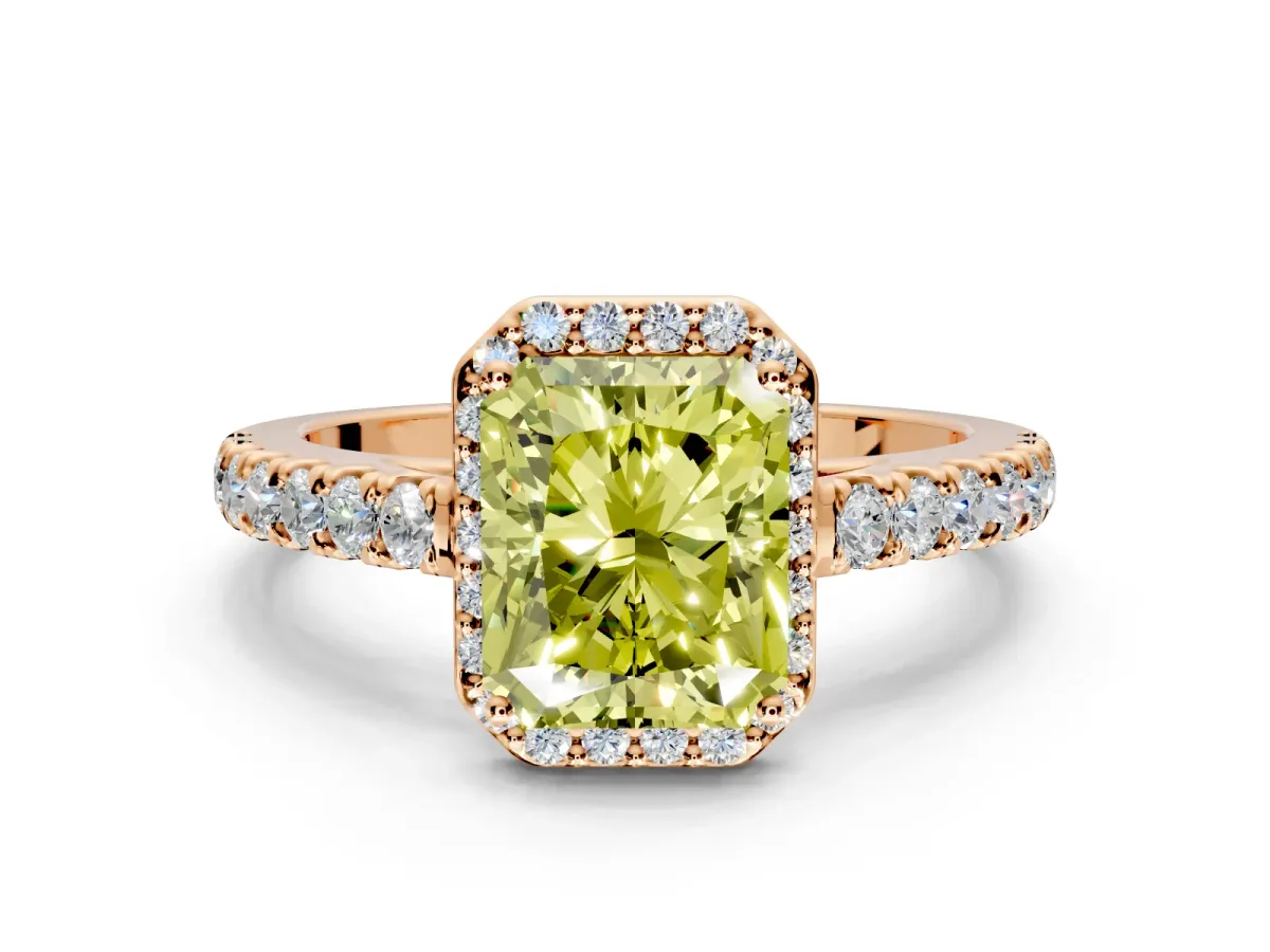 Halo Engagement Ring Setting for Fancy Yellow Radiant Cut Center with Full Pave Band and Prong Head in Rose Gold