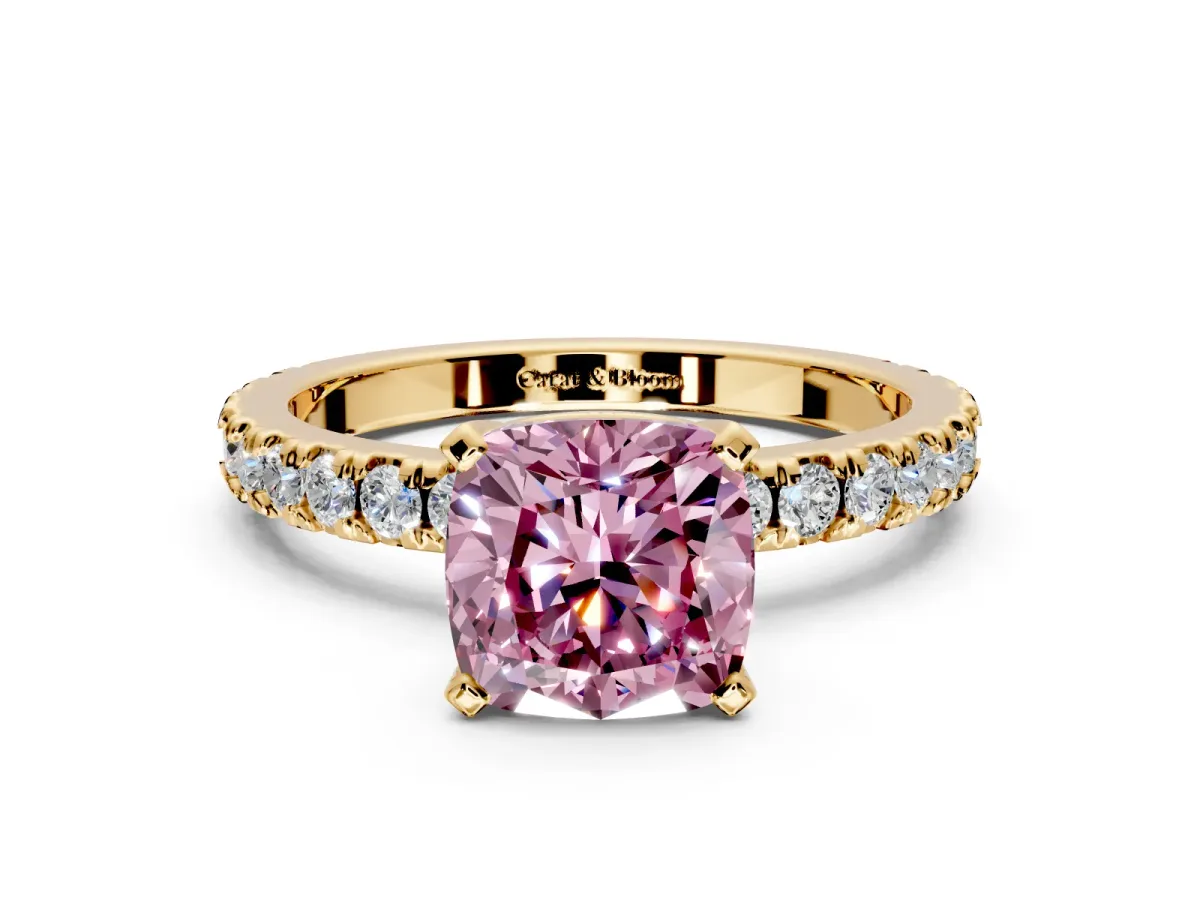 Solitaire Engagement Ring Setting for Fancy Pink Cushion Cut Center with Fine Pave Band and Claw Prong Head in Yellow Gold
