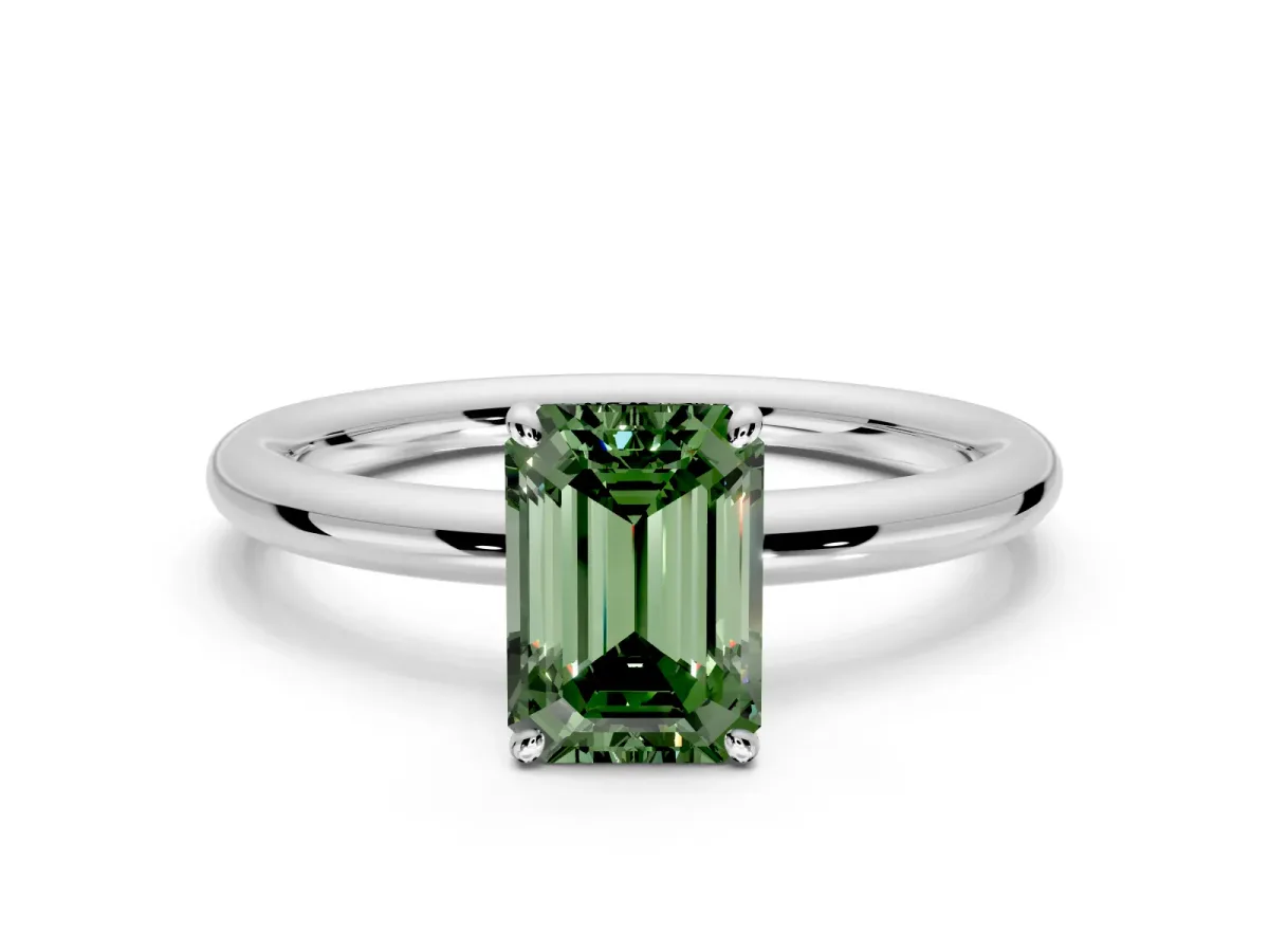 Low-Set Solitaire Engagement Ring Setting for Fancy Green Emerald Cut Center with Thin Plain Band and Prong Head in White Gold