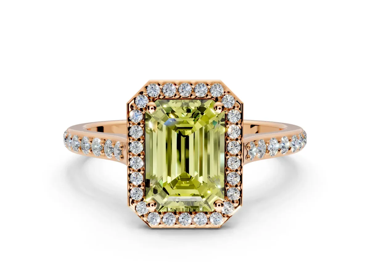 Halo Engagement Ring Setting for Fancy Yellow Emerald Cut Center with Pave Accents, Heart Basket and Prong Head in Rose Gold