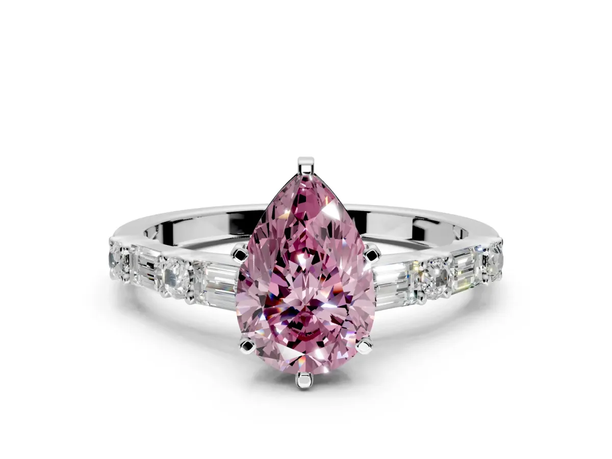 Baguette Engagement Ring Setting for Fancy Pink Pear-Shaped Center with Alternating Bar-Set Band and Prong Head in Platinum