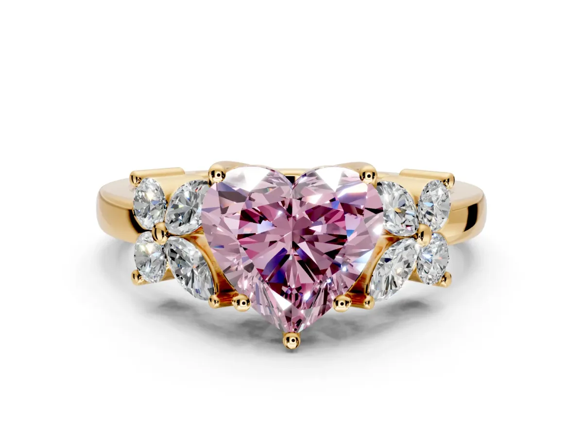 Floral Engagement Ring Setting for Fancy Pink Heart-Shaped Center with Marquise Cluster Shoulders and Prong Head in Yellow Gold