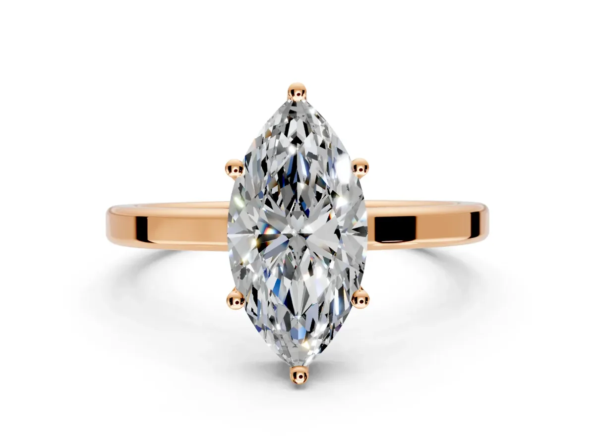 Hidden Halo Engagement Ring Setting for Marquise Center with Wide Flat Plain Band and Prong Head in Rose Gold