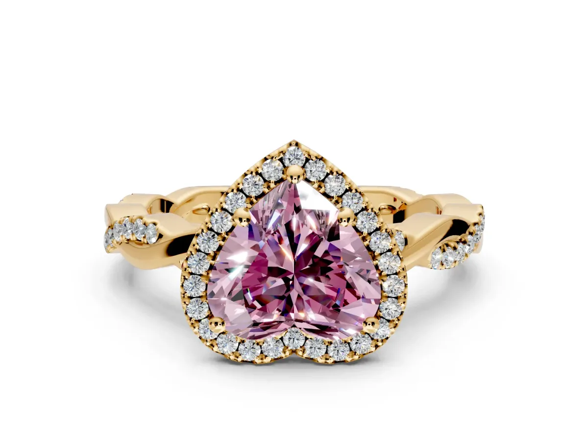 Halo Engagement Ring Setting for Fancy Pink Heart-Shaped Center with Pave and Plain Twist Band and Prong Head in Yellow Gold