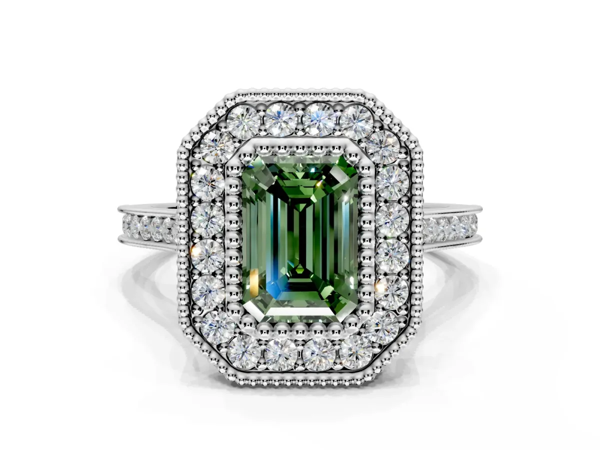 Halo Engagement Ring Setting for Fancy Green Emerald Cut Center with Milgrain Frame, Pave Band and Prong Head in Sterling Silver