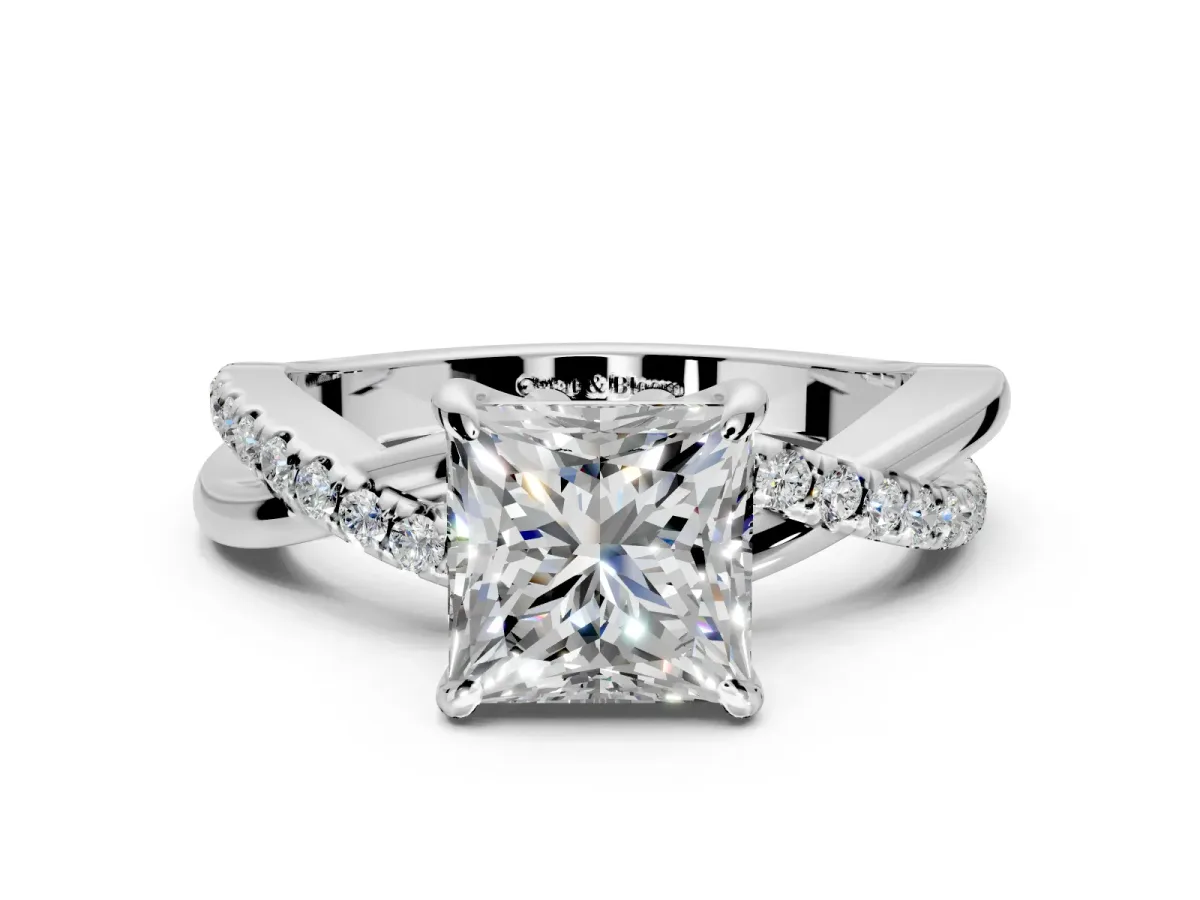 Solitaire Engagement Ring Setting for Princess Cut Center with Half-Pave Crossover Band and Prong Head in Platinum