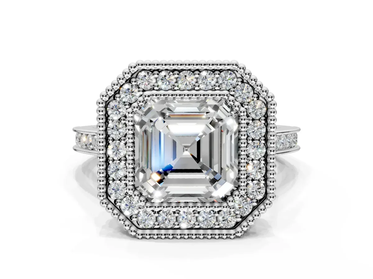 Halo Engagement Ring Setting for Asscher Cut Center with Milgrain Frame, Pave Band and Prong Head in Platinum