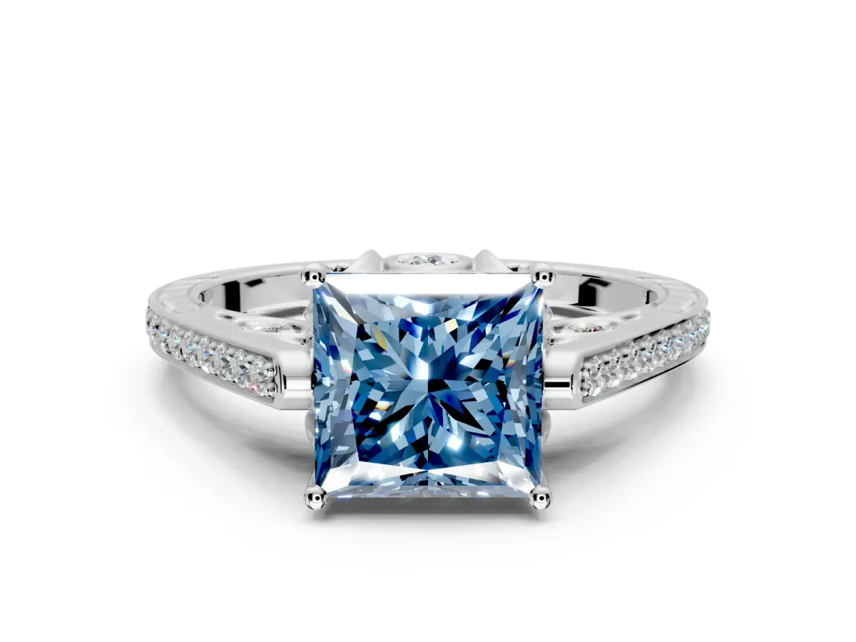 Cathedral Engagement Ring Setting for Fancy Blue Princess Cut Center with Antique-Style Pave Band and Prong Head in Platinum