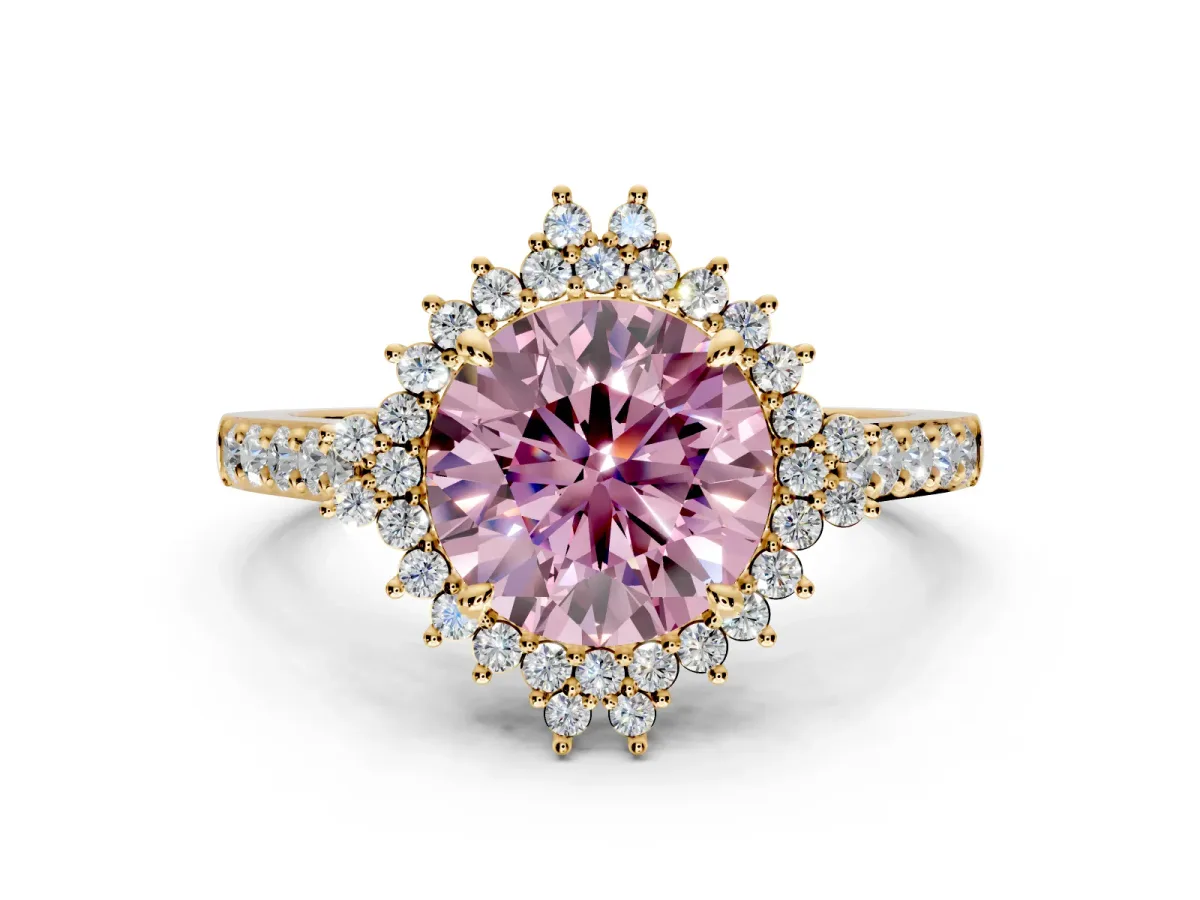 Sunburst Halo Engagement Ring Setting for Fancy Pink Round Cut Center with Pave Band and Prong Head in Yellow Gold