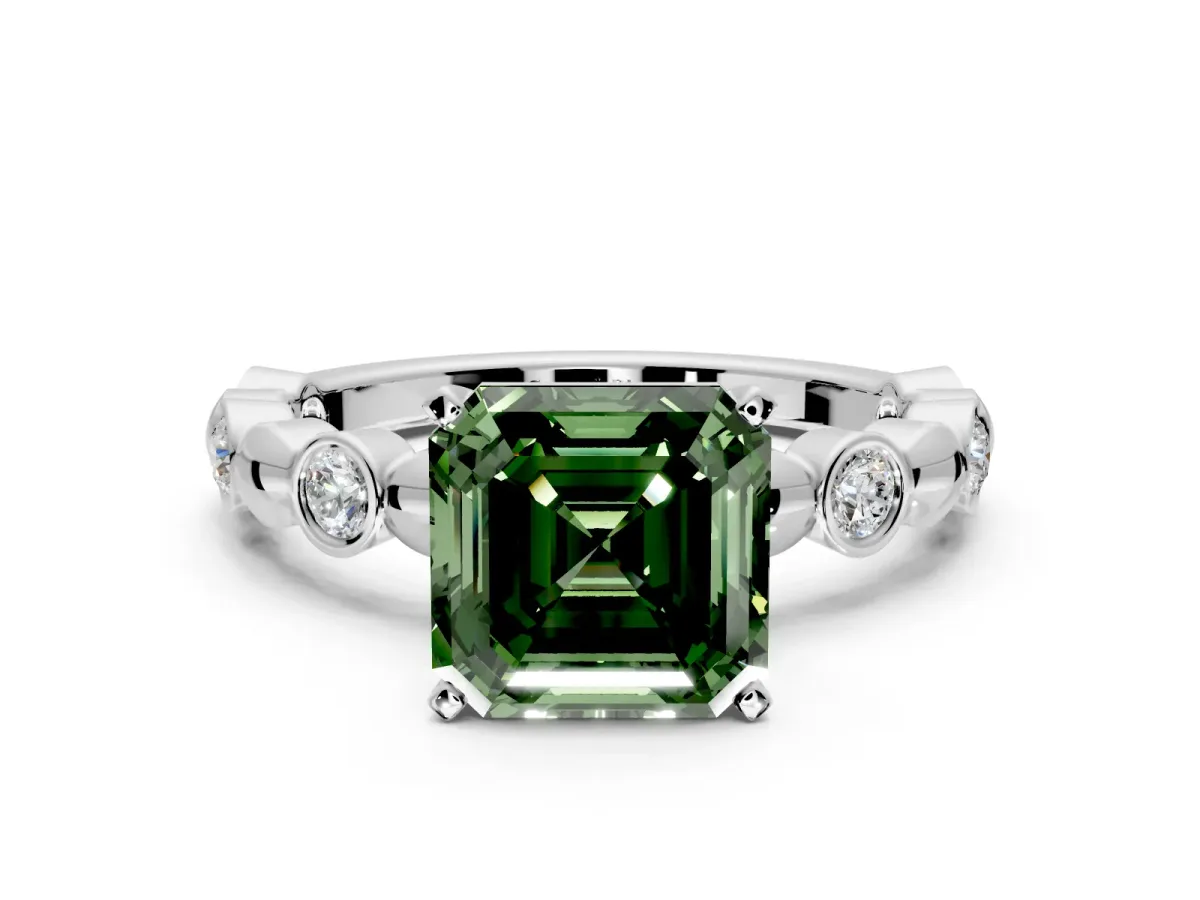 Solitaire Engagement Ring Setting for Fancy Green Asscher Cut Center with Beaded Bezel Station Band and Prong Head in White Gold