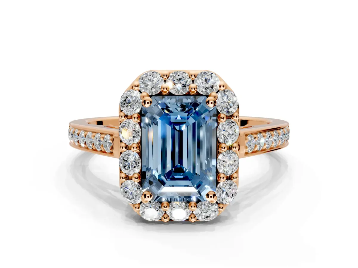 Floral Halo Engagement Ring Setting for Fancy Blue Emerald Cut Center with Large Halo Accents and Prong Head in Rose Gold