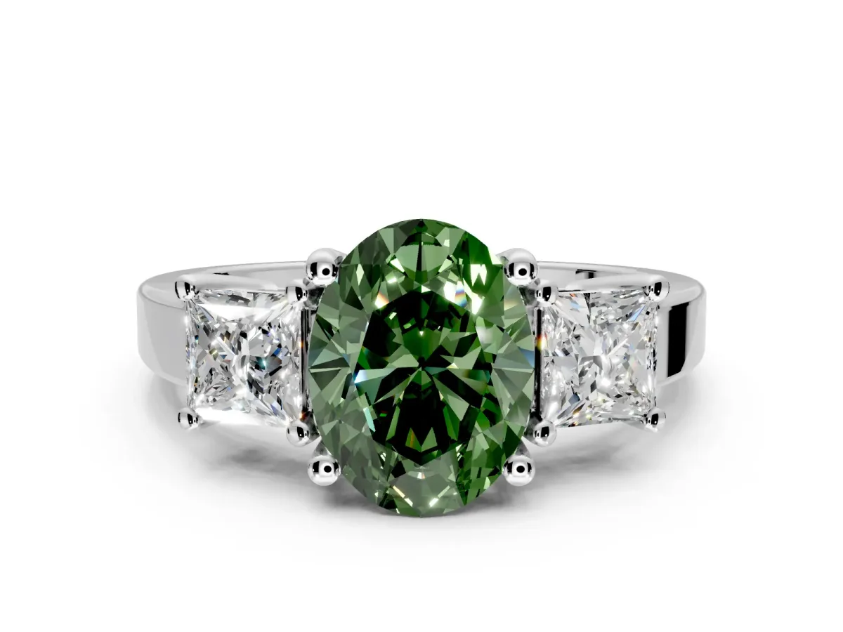 3 Stone Engagement Ring Setting for Fancy Green Oval Center with Matching Side Accents and Prong Head in Platinum