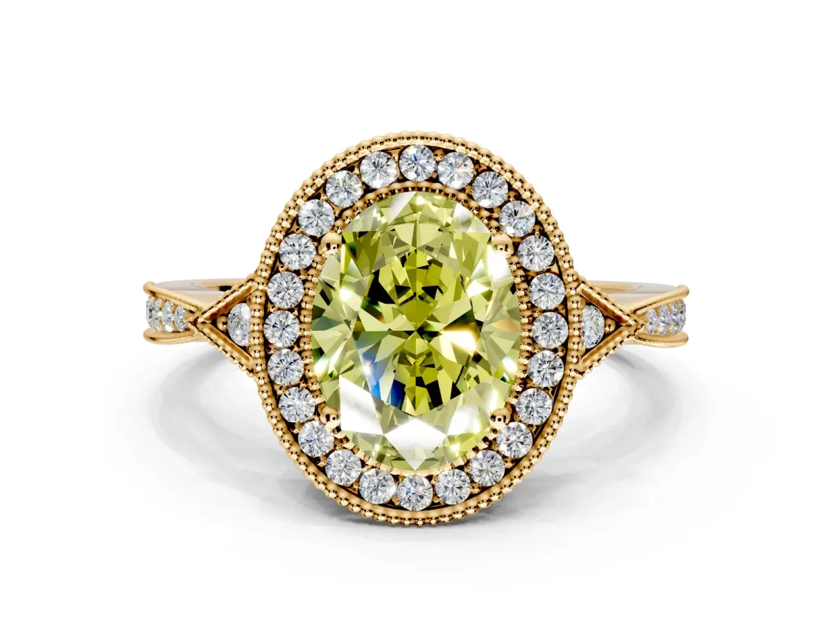 Halo Engagement Ring Setting for Fancy Yellow Oval Center with Milgrain Rim, Pave Band and Prong Head in Yellow Gold
