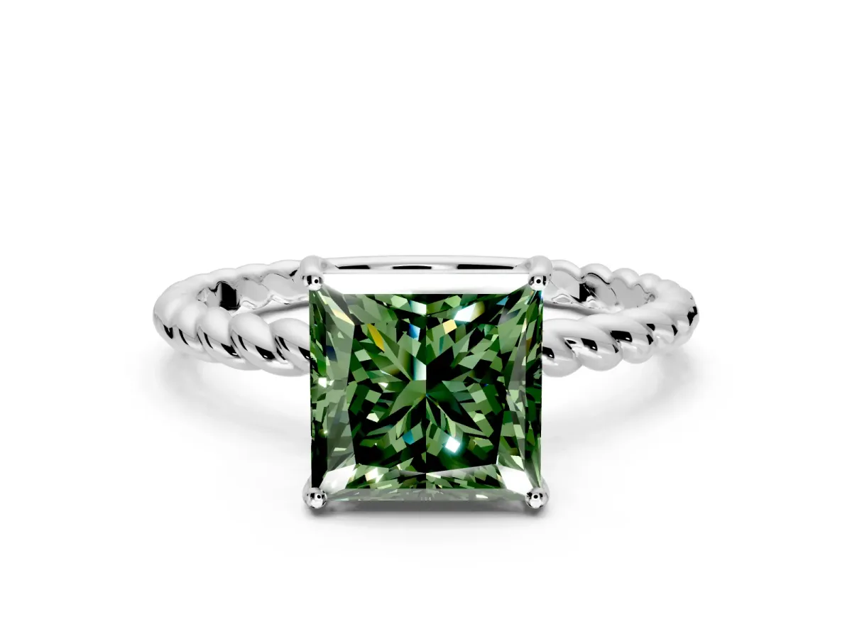 Solitaire Engagement Ring Setting for Fancy Green Princess Cut Center with Plain Twisted Rope Band and Prong Head in Platinum