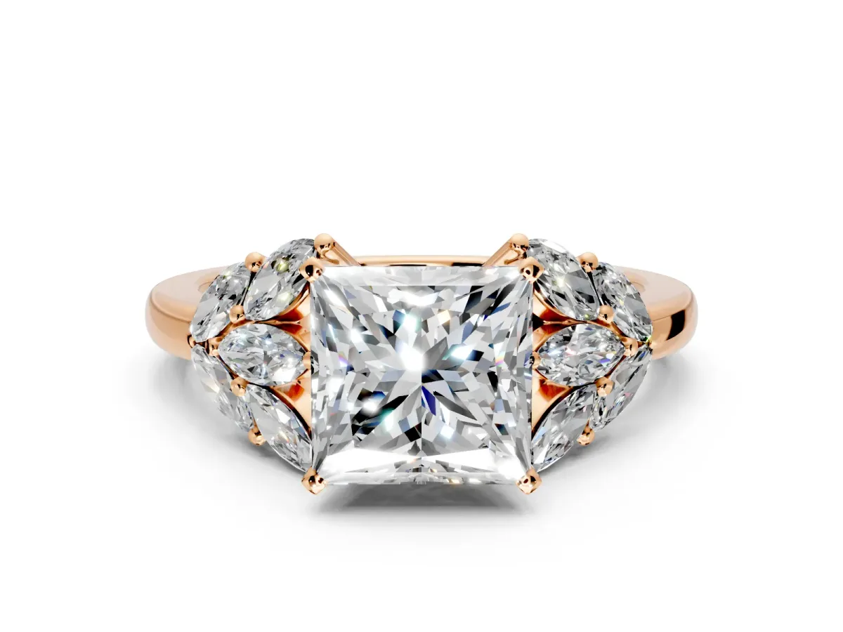 Leaf Cluster Engagement Ring Setting for Princess Cut Center with Marquise Accents and Prong Head in Rose Gold